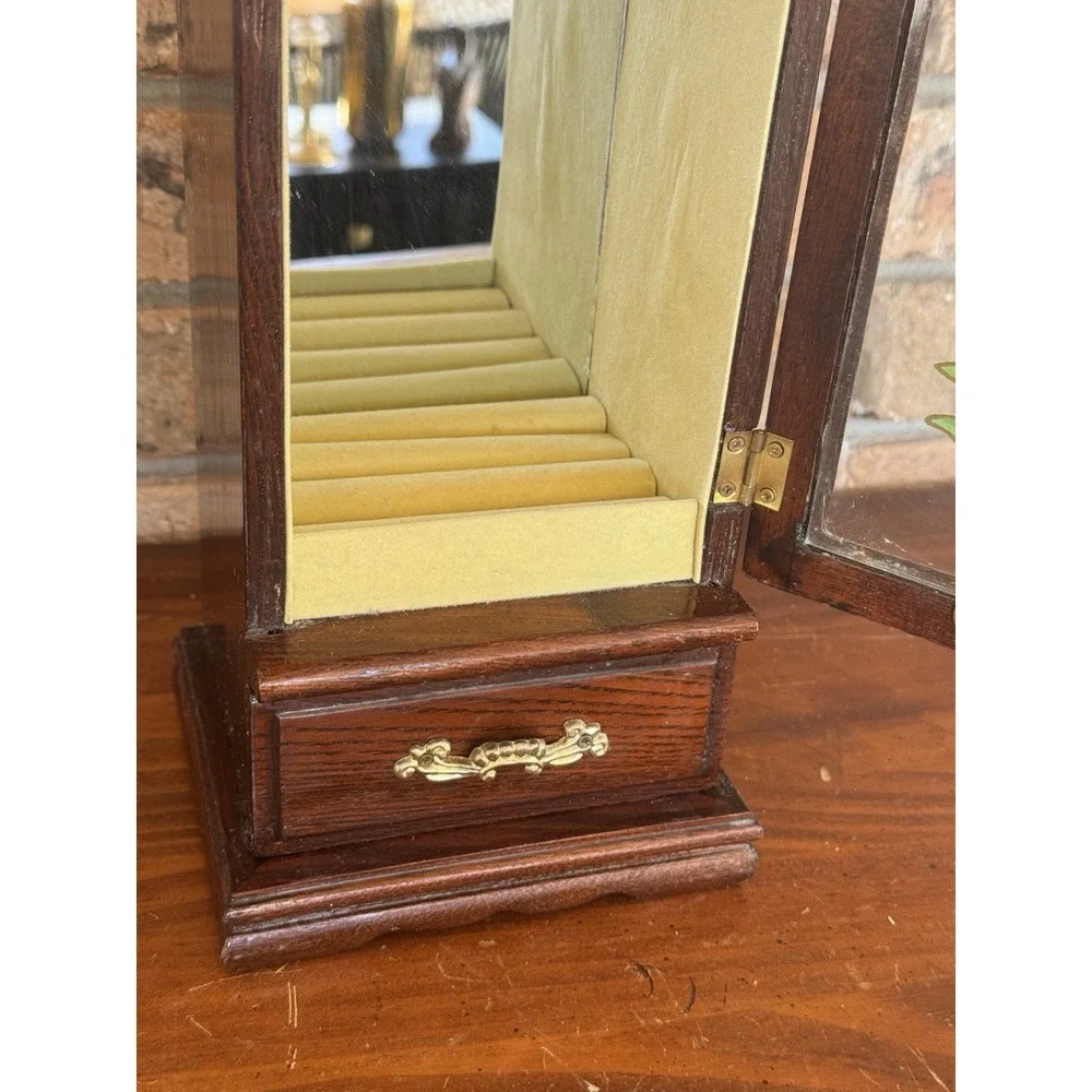 Vintage Wood Jewelry Cabinet w Floral Glass Door & Drawer Cottagecore